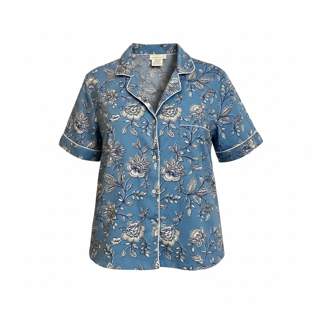 Rachel Zoe Blue Floral Button Front Pajama Top Short Sleeve Xl